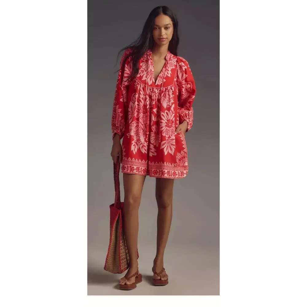 Farm Rio Women Flora Tapestry Red Long Sleeve Mini Dress Small Boho Embroidered - Picture 3 of 8